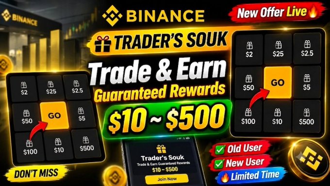 A Binance promotional advertisement titled 'TRADER'S SOUK' encouraging users to 'Trade & Earn Guaranteed Rewards' between $10 to $500, showing two reward grid panels with 'GO' buttons marked in yellow.