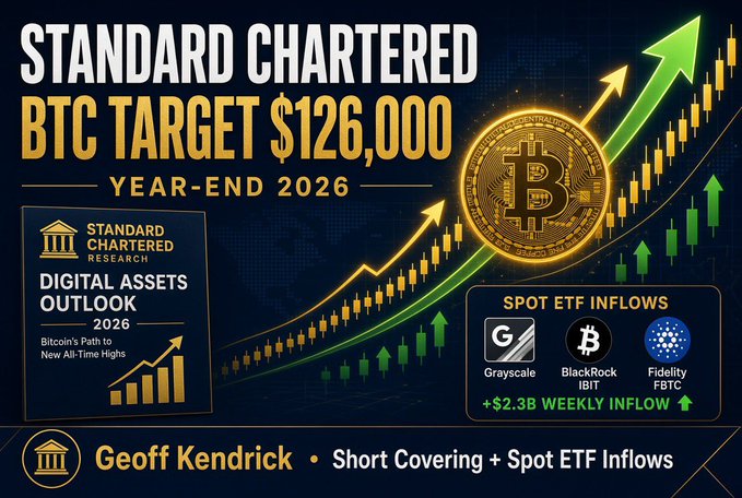 A graphic from Standard Chartered's "Digital Assets Outlook 2026" report featuring Geoff Kendrick, displaying a bold headline "BTC TARGET $126,000" for year-end 2026 alongside an upward-trending Bitcoin candlestick chart, a gold Bitcoin coin, and a panel highlighting spot ETF inflows from Grayscale, BlackRock's IBIT, and Fidelity's FBTC reaching $2.3B weekly—visually reinforcing Kendrick's bullish forecast that Bitcoin could reach a new all-time high of $126,000, supported by recovering ETF inflows and rising short-covering momentum.