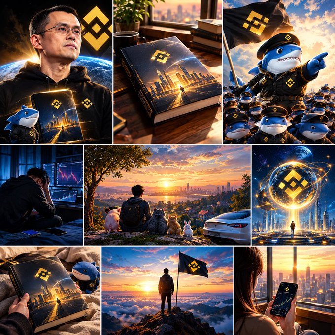 A collage of various AI-generated images including a man, books, an army of sharks, a person watching charts, people and pets watching a sunset, and crypto-related imagery.