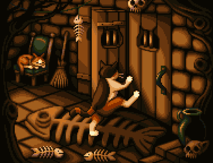 A pixel-art illustration features a dog-like character in an orange shirt pulling on the bars of a wooden cell door inside a dungeon, with a cat sitting on a chair in the background.