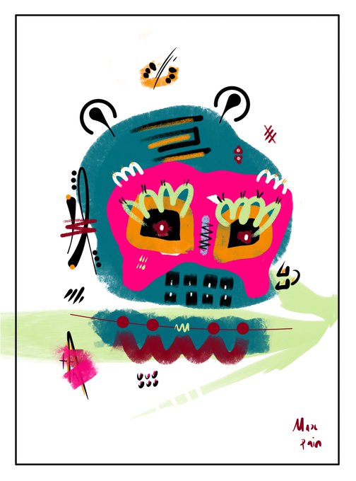 An abstract expressionist artwork signed 'Max Pain' featuring a stylized face with vibrant teal, pink, orange, and red colors, with tribal-like facial markings and decorative geometric shapes.