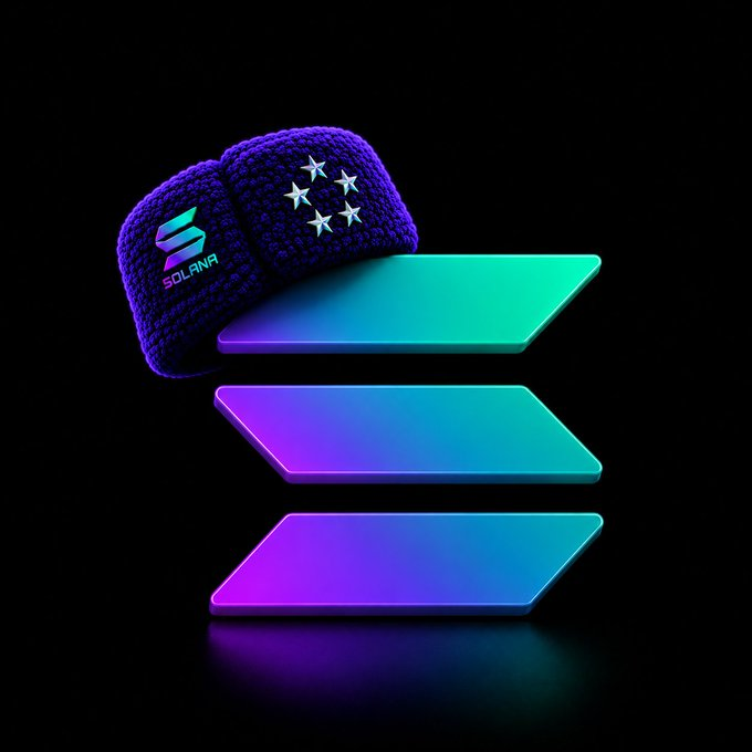 The Solana logo is shown on a purple hat adorned with four white stars, placed atop three horizontal, iridescent parallelogram shapes. This imagery visually represents the Solana community, referred to as "SOLdiers" in the accompanying text, and their collective success, indicated by "$SOLdiers is at $1M."