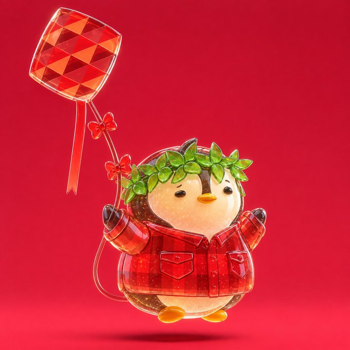 A 3D-rendered penguin-like character wearing a green leaf crown and a red plaid shirt holds a faceted red balloon against a solid red background.