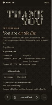 A mobile app screen for 'MOTIF' showing 'TRACE MIND - The Ensemble' with text 'You are on the list' and event dates including October 13, 20, and 25, 2025.