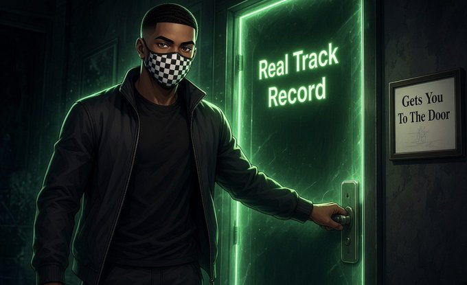 A digital illustration shows a man wearing a checkered face mask and dark jacket opening a green glowing door labeled 'Real Track Record', with a sign reading 'Gets You To The Door' on the adjacent wall.