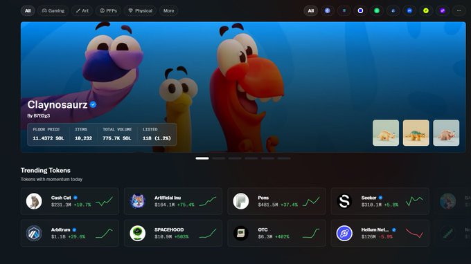 The image shows the OpenSea homepage featuring "Claynosaurz" NFT collection (by DITTO23) prominently displayed with 3D animated dinosaur characters, showing a floor price of 11.4372 SOL and a total volume of 779.7K SOL. Below the main feature, a "Trending Tokens" section lists various cryptocurrencies including Cash Cat, Artificial Inu, Pows, Snook, Arbitrum, SPACEHOOD, OTC, and Helium Net, with most showing positive price movements—matching the post's excitement about Claynosaurz being featured on the OpenSea homepage.