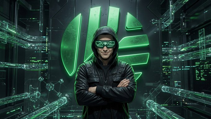 An AI-generated image of a person wearing a black hoodie and digital sunglasses, standing in front of a glowing green emblem with code-like surroundings.