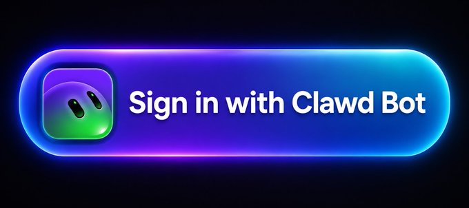 A glowing blue and purple digital button displays a face icon and the text 'Sign in with Clawd Bot' against a black background.