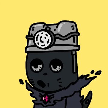 A cartoon character with a dark skull-like face wearing a gray helmet with goggles, set against a yellow background.
