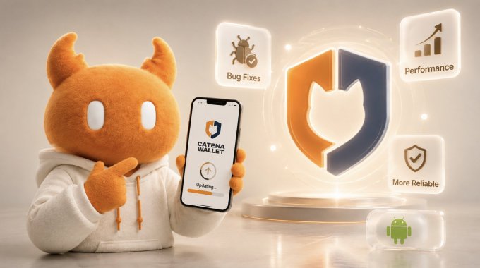 A 3D-rendered orange mascot character in a hoodie points to a smartphone displaying the Catena Wallet logo and an 'Updating...' screen, surrounded by floating cards highlighting 'Bug Fixes,' 'Performance,' and 'More Reliable,' with an Android icon visible.