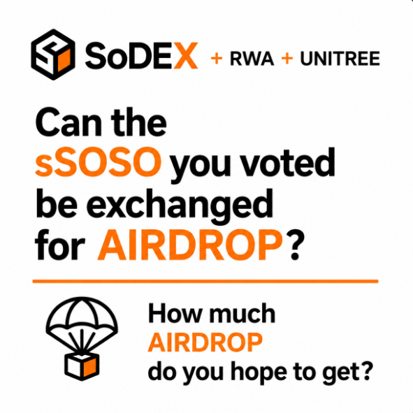 The image is a promotional graphic from SoDEX featuring the text "SoDEX + RWA + UNITREE" and asking "Can the sSOSO you voted be exchanged for AIRDROP?" followed by "How much AIRDROP do you hope to get?" alongside a parachute/cargo icon. It relates to the accompanying post by announcing an airdrop reward for Unitree RWA research voters whose sSOSO votes were captured in the Aug 7 snapshot, with eligibility tied to voting participation.