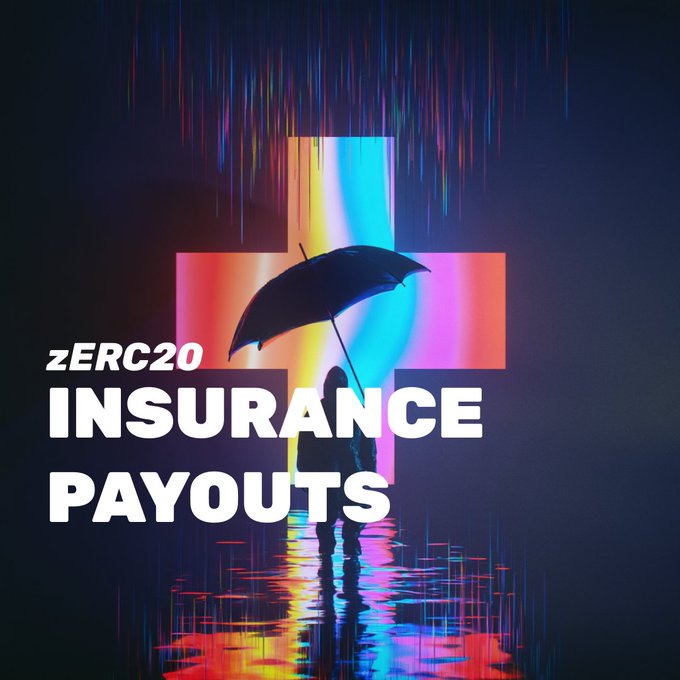 A promotional graphic with a neon-lit cross and a silhouette of a person holding an umbrella, advertising 'zERC20 INSURANCE PAYOUTS'.