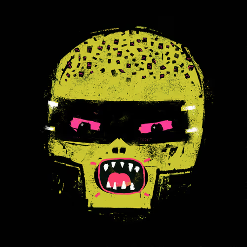 The image features a graphic design of a skull with its mouth open, giving an impression that it's speaking or roaring. The skull has a green color for the eyes and nose, while the mouth appears to be red. The background is black, which contrasts with the vibrant colors of the skull. The post mentions that this artwork was sold for 19.25Ξ opensea.io/assets/ethereu.