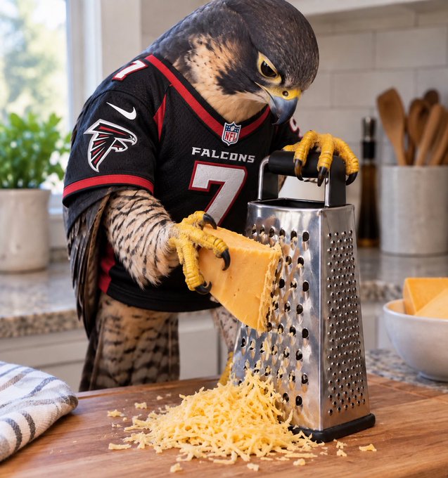 A falcon wearing an Atlanta Falcons jersey grates cheese on a box grater in a kitchen.