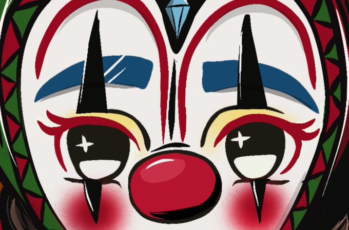 A colorful, stylized illustration of a clown face with black diamond-shaped eye makeup, a red nose, and a painted diamond on its forehead.