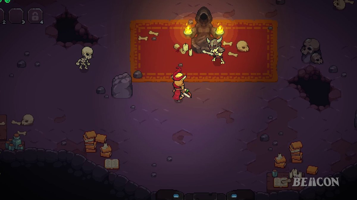 The image features a video game scene with a character standing in front of a red carpet. There are several other characters scattered throughout the scene, some of which appear to be playing or interacting with each other. The overall atmosphere seems to be that of an adventure or exploration game set within a cave-like environment.