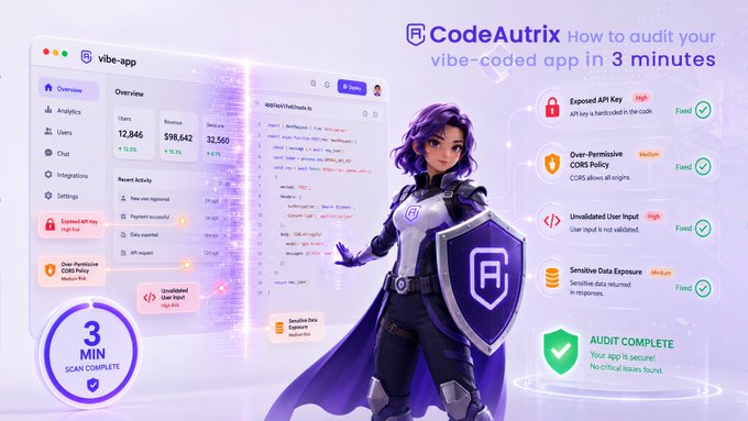 A marketing banner for 'CodeAutrix' promoting app auditing services 'in 3 minutes,' featuring a purple-haired superhero character and security check categories like Exposed API Key and Over-Permissive CORS Policy.
