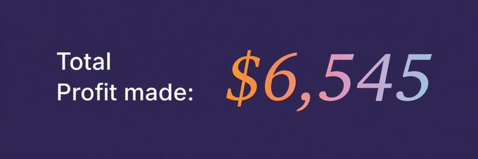 An image showing 'Total Profit made: $6,545' with the dollar amount displayed in colorful gradient text on a dark purple background.