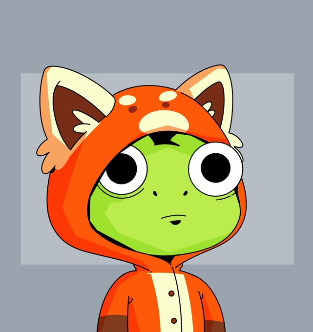 An illustration of a green frog-like character wearing an orange fox hooded costume with white markings.