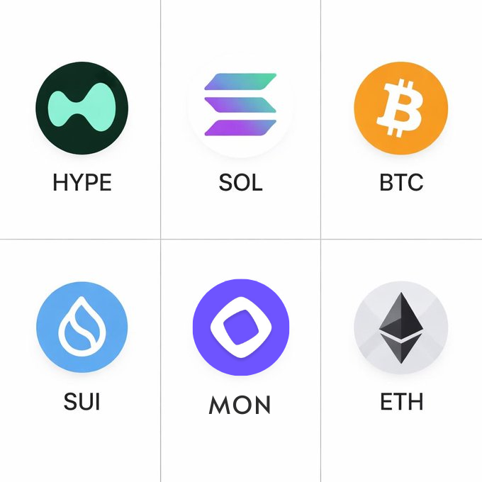 A grid of six cryptocurrency logos with their tickers: HYPE, SOL, BTC, SUI, MON, and ETH.