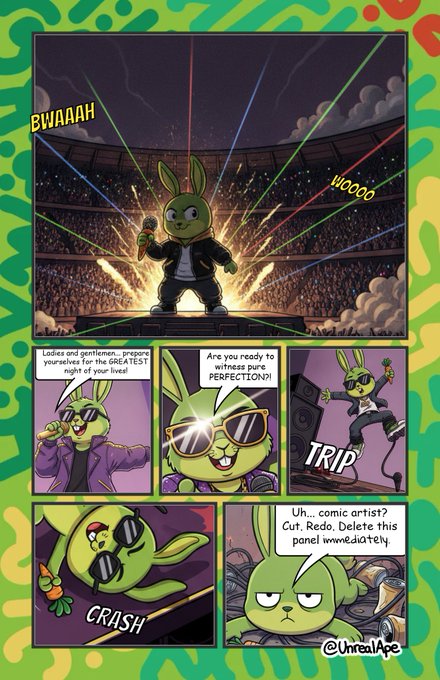 A comic strip by '@UnrealApe' features a green rabbit character performing in a stadium with laser effects, panels showing him bragging about his 'PURE PERFECTION' performance and ending with the rabbit face-down in a crash, requesting a redraw.