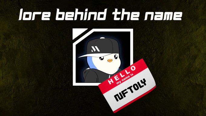 A cartoon penguin character wearing a black cap with an "M" logo holds a "HELLO my name is NFTOLY" name tag against a dark, textured background, with "lore behind the name" displayed in bold white text at the top, introducing Episode 130's exploration of the story behind the name "NFTOLY" from @SolNFTs.
