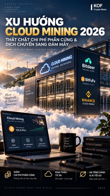 A Vietnamese promotional graphic titled "XU HƯỚNG CLOUD MINING 2026" advertising cloud mining trends with mentions of Bitdeer, BitFuFu, and Binance Cloud Mining.