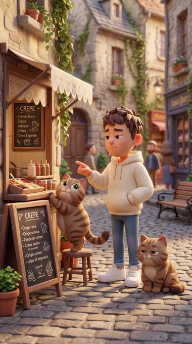 A boy and two cats stand by a crepe stand in a charming cobblestone village, with chalkboard menus displaying "CREPE" and flavors like "Crème noisette" and "Crème de citron," visually evoking the cozy, community vibe of the day's NFT mint lineup.

(Note: The image's text is stylized and partially illegible, so specific items may not be accurately readable.)