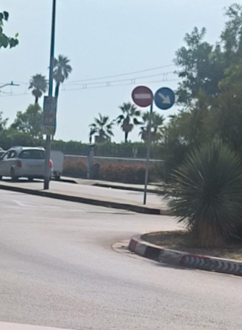 A street view showing a roundabout with a 'Do Not Enter' sign (red circle with white bar) and a blue directional arrow sign pointing right, with parked cars, palm trees, and greenery in the background.
