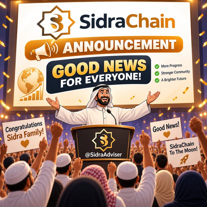 A cartoon man in traditional Arab attire stands at a podium announcing "GOOD NEWS FOR EVERYONE!" on a large screen displaying the "SidraChain" logo and key points like "More Progress," "Stronger Community," and "A Brighter Future," while a cheering crowd holds signs reading "Congratulations Sidra Family!" and "SidraChain To The Moon!" — visually reinforcing the post's teaser of forthcoming great news from @sidrachain for the Sidra community.