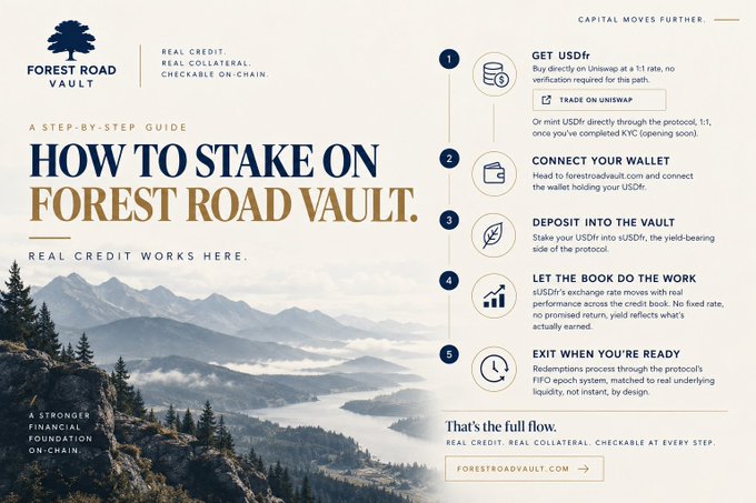 An infographic titled 'A Step-by-Step Guide: How to Stake on Forest Road Vault' outlines a five-step process: Get USDr, Connect Wallet, Deposit, Let Book Do Work, and Exit, with the website forestroadvault.com.