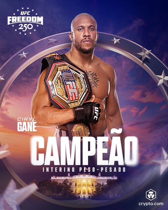 The image features a man holding a championship belt, with the words "Carmpeao" written above him. The background of the poster shows a sunset over the White House. The caption reads "#AndNew Cyril Gane' victory by technical knockout in the #UFCWhiteHouse!", which is related to the post about UFC fighter Gane's victory at the UFC Freedom 250 event.