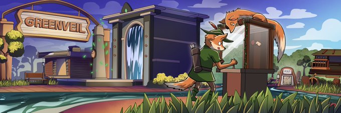 A cartoon illustration of a fox-like character in a green tunic interacting with another character at a booth near a building labeled 'GREENVEIL'.