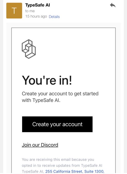 A Gmail notification from TypeSafe AI displays an email titled "You're in!" with a prompt to "Create your account" and a "Join our Discord" link, sent 15 hours ago. The image does not visually relate to the post's discussion about Jev, a decision-making framework for DeFi and yield aggregation, beyond being an email from an AI-related company.