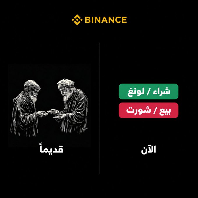 A Binance-branded graphic contrasts "Old" methods (شراء/بيع for silver/coins) with "Now" methods (شراء/بيع for tokens/shares), depicting two hooded figures trading by hand on the left alongside digital trading buttons on the right, illustrating how cryptocurrency exchanges have replaced traditional, slower trades with instant digital transactions.