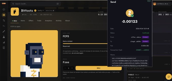A screenshot of a Bitfoots NFT mint page showing a completed transaction of -0.00123 ZEC sent between wallets.