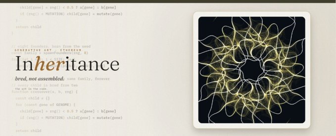 A graphic displaying the word 'Inheritance' prominently with code snippets in the background and a stylized yellow glowing neural network illustration on the right side.