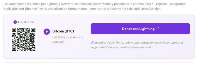 A donation page showing a Bitcoin (BTC) Lightning Network QR code with a purple "Donar con Lightning" button, alongside a note advising Venezuelan users experiencing payment issues to try using a VPN, directly supporting the post about receiving sats donations via OpenNode for earthquake relief in Venezuela.