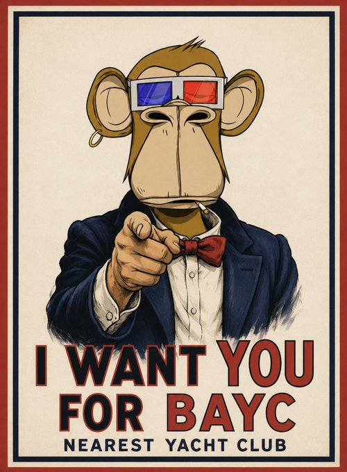 A parody of the iconic Uncle Sam recruitment poster features a Bored Ape NFT character in 3D glasses, a blue suit, and red bow tie pointing at the viewer, with text reading "I WANT YOU FOR BAYC — NEAREST YACHT CLUB," matching the post's call to "Join the Ape Army."