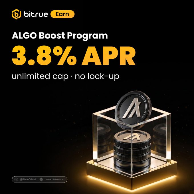The image shows a silver pyramid with the word "Algo" written on top of it, surrounded by stacks of black coins, and a glass box containing the coin on top, placed against a dark background. The text above the coin reads "ALGO Boost Program 3.8% APR unlimited capped lock-up". The main content of the image is focused on the Algo program, with the pyramid being used as a visual representation for demonstrating its features and benefits.