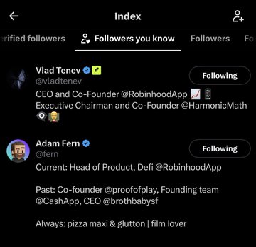 The image shows a Twitter "Followers you know" list for @TheIndexFi, prominently displaying Robinhood CEO Vlad Tenev (@vladtenev) as a followed account with a "Following" badge, visually supporting the post's claim that Vlad Tenev personally follows the $INDEX project's account—a notable detail given the post alleges he is involved in the project after its market cap surged from $13M to $60M shortly following his follow.