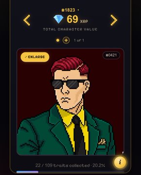 The image shows a character from a video game with a unique yellow waistcoat and black tie, wearing sunglasses and holding a sword. The character's face has been altered to look like that of an NPC (Non-Playable Character). The character is described as having 1009 traits collected, which means the player has completed all the necessary tasks or challenges in the game to obtain these rare attributes.