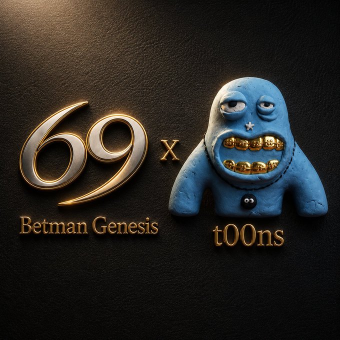 A stylized graphic on a black leather background featuring '69 x' in gold chrome lettering next to a blue cartoonish character with gold grillz, with text 'Betman Genesis' and 't00ns' displayed below.