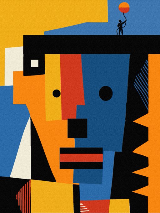 A colorful, abstract cubist-style illustration of a face composed of geometric shapes in blue, orange, yellow, red, black, and white, with a tiny figure on top holding a red balloon against a yellow and blue background.