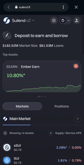 A mobile screenshot of the Suilend v2 platform (suilend.fi) showing a deposit interface with a $182.52M market size, featuring top assets 'EEARN | Ember Earn' at 10.80%, 'sSUI', and 'SUI'.