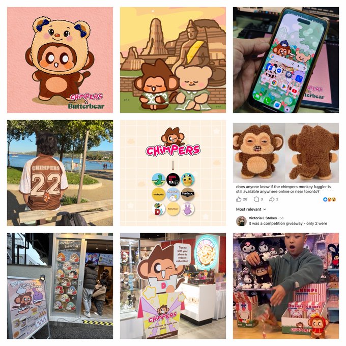 A collage of images featuring the 'CHIMPERS & Butterbear' merchandise, including plush toys, a phone wallpaper, apparel like a '22' jersey, a prize wheel display, and promotional events.