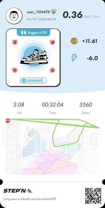 A Stepn app jogging activity summary showing 2.08 km, 32:04 time, and 3560 steps for user_1314475.