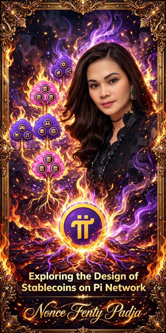 A promotional poster titled "Exploring the Design of Stablecoins on Pi Network" featuring a woman in black framed by purple flames and the Pi Network logo, credited to "Nonce Fenty Padia."