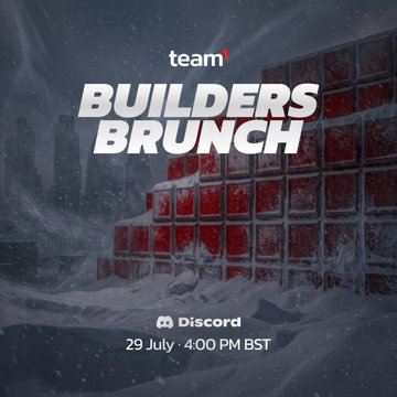 A promotional graphic for a 'team BUILDERS BRUNCH' Discord event on 29 July at 4:00 PM BST, set against a snowy, ruined cityscape.
