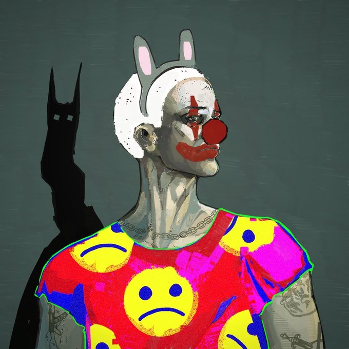 Digital artwork of a pale clown figure with bunny ears, red clown makeup, a red nose, and a shirt covered in yellow sad face emojis, with a dark horned silhouette looming behind.